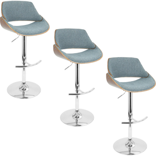 Fabrizzi Adjustable Swivel Bar Stool in Chrome, Walnut Wood & Blue Fabric (Set of 3)